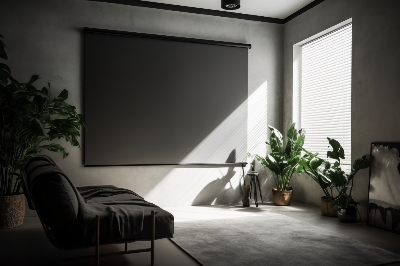 Surface de projection tendue sur un mur, lumière du jour entrant par une fenêtre à stores