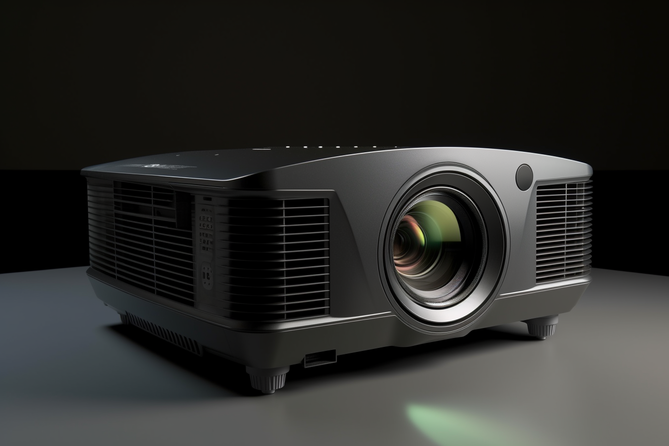 Vidéoprojecteur gris posé sur une surface claire, objectif en gros plan dans une pièce sombre