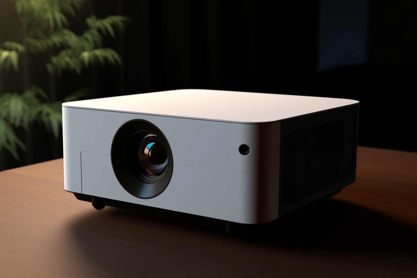 Gros plan sur l'optique d'un vidéoprojecteur blanc posé sur une table dans une pièce sombre